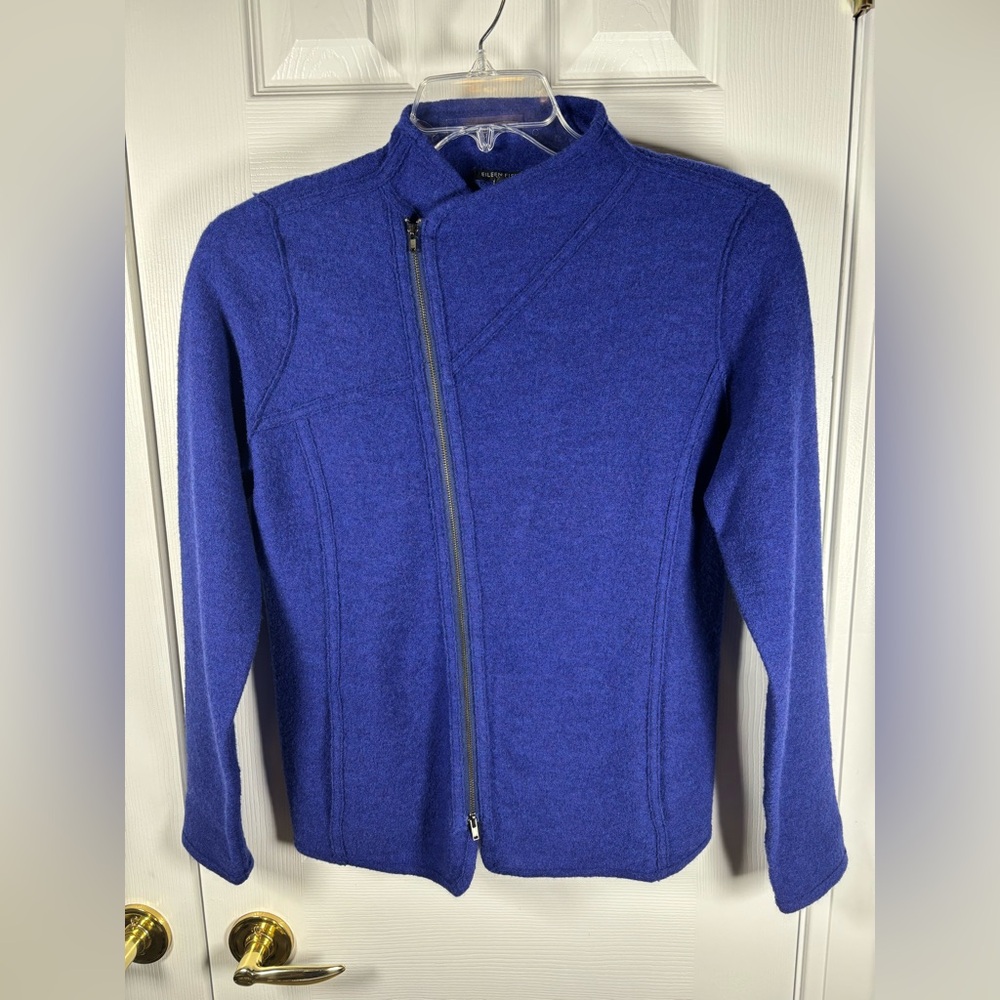 Eileen Fisher Royal Blue Boiled Wool Zipped Jacket Petite Medium